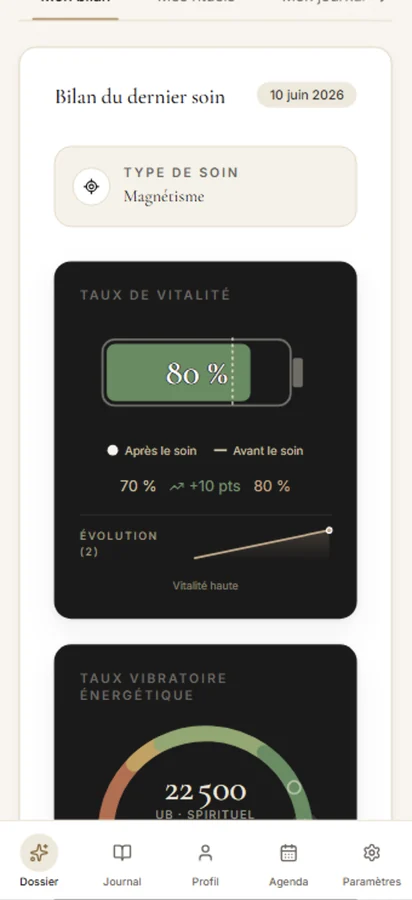 Application Maison Lumaci : bilan d'un soin et taux de vitalité
